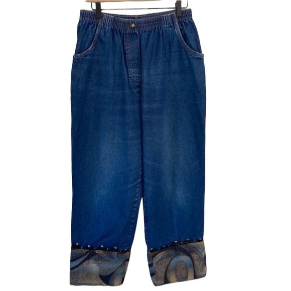 Blair Tapestry Hem Pull On High Waist Crop Jean Relaxed Fit Straight Tapered Leg - Picture 1 of 16